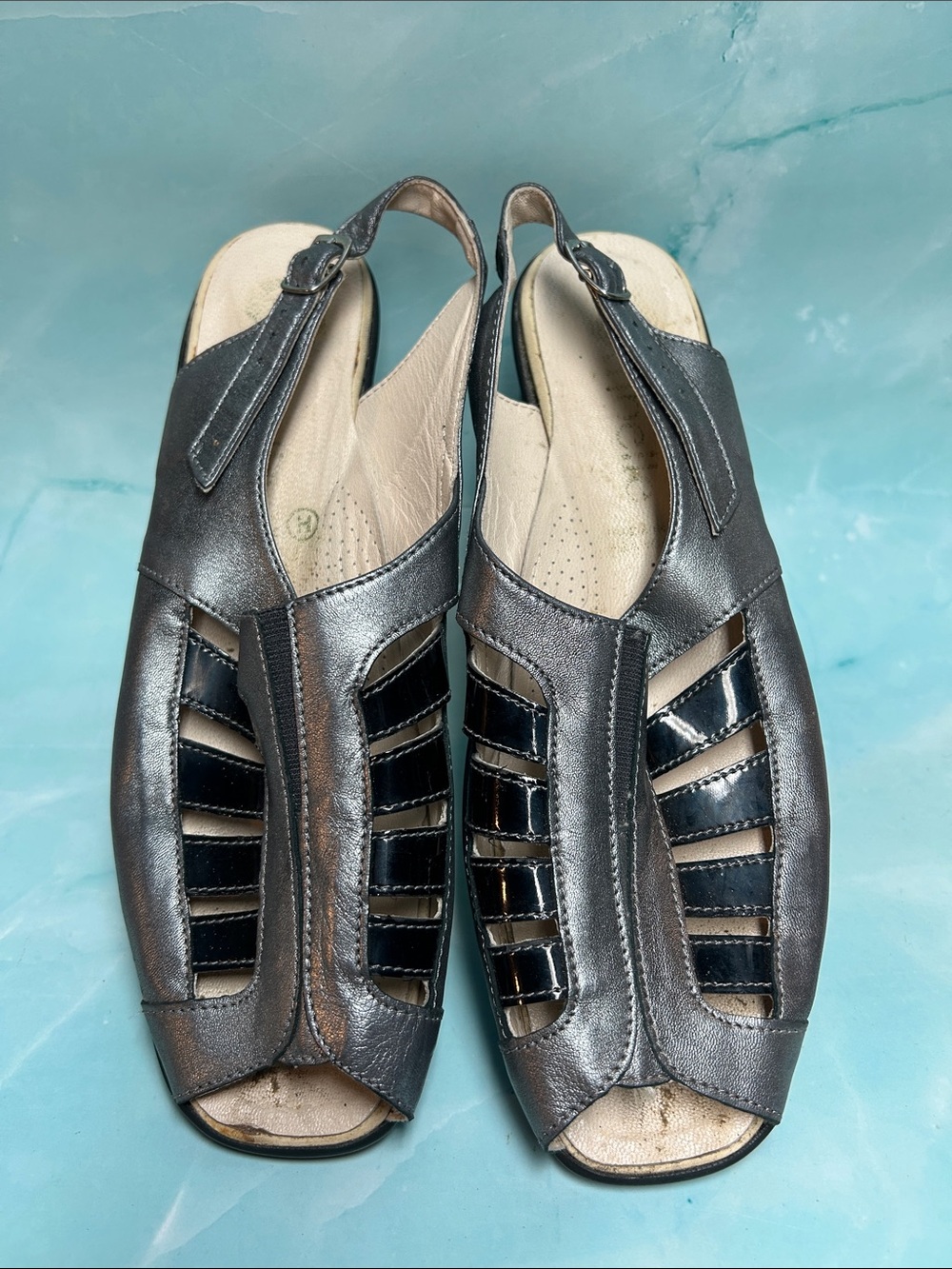 Women's Metallic Gray Slingback Sandals - Comfortable Open-Toe Shoes leather